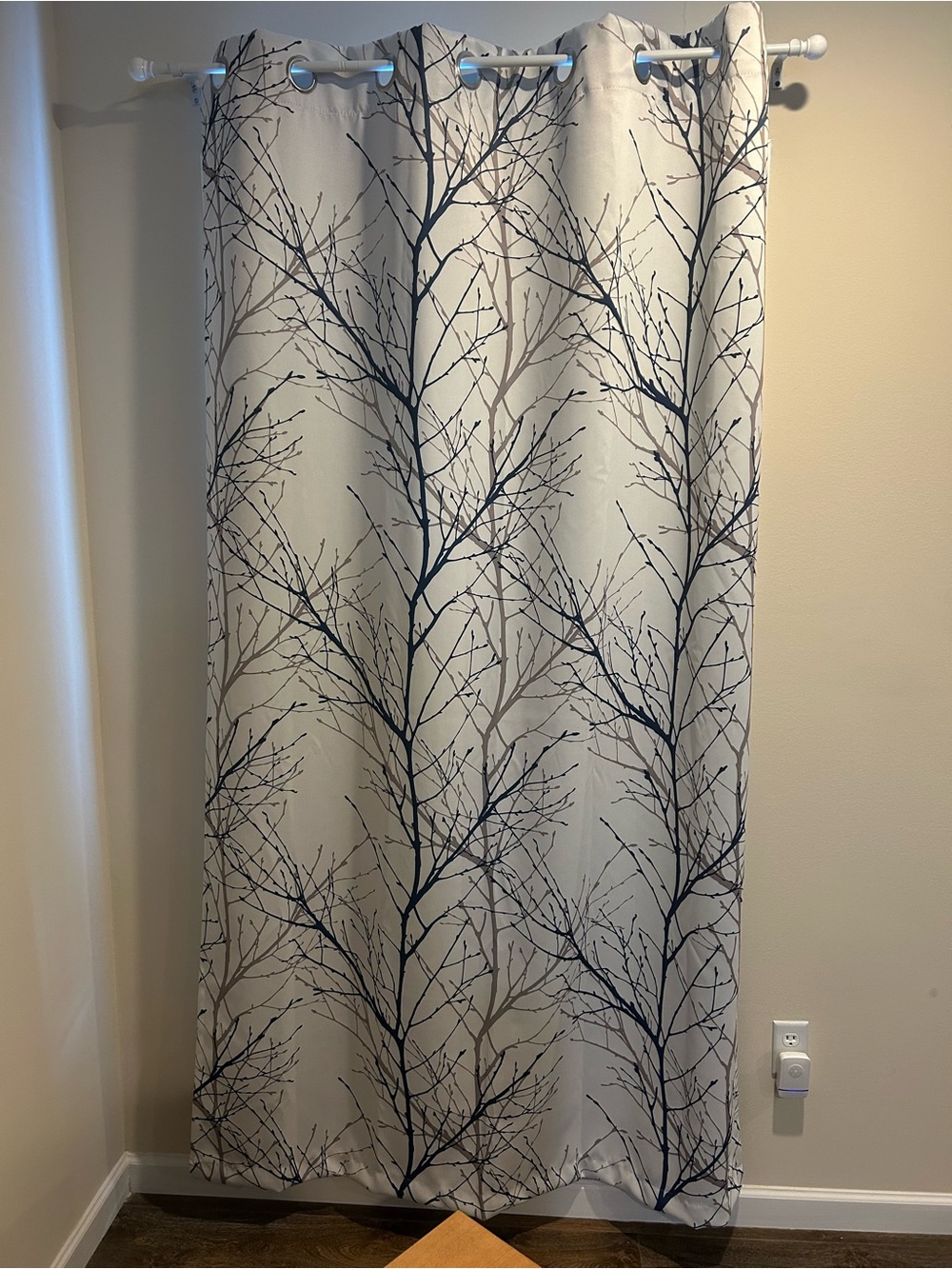 Pair of black out Curtain Panels. Blue & Grey Branches on White background. 84”L